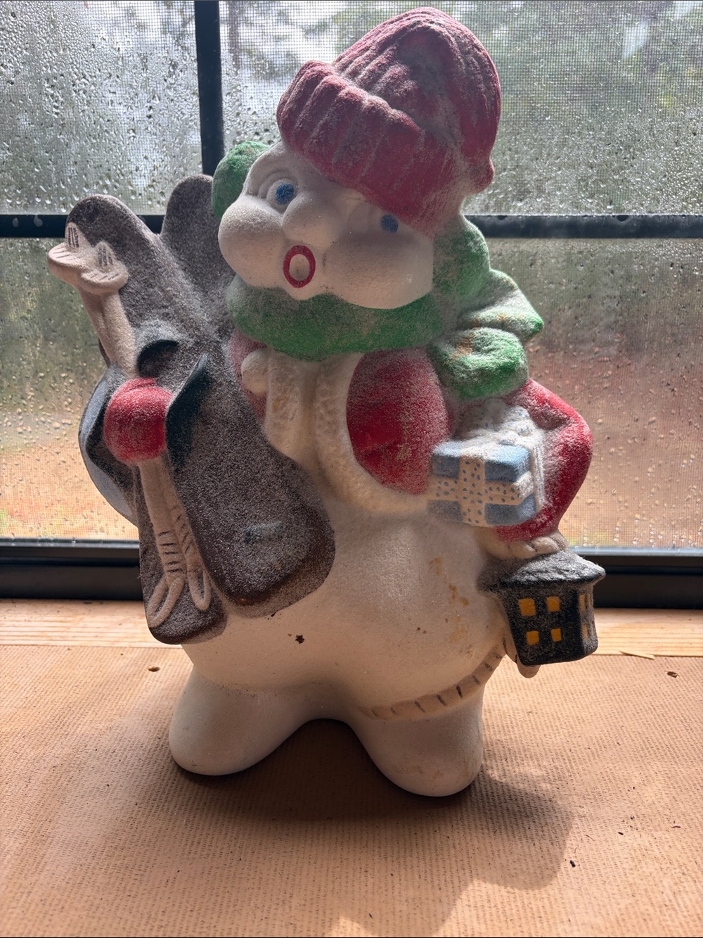 Festive Snowman Holiday Figurine - Red Hat, Green Scarf ceramic